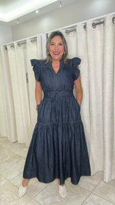 Denim Midi Dress Featuring V Neckline