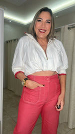 White & Red Puff Sleeve Blouse