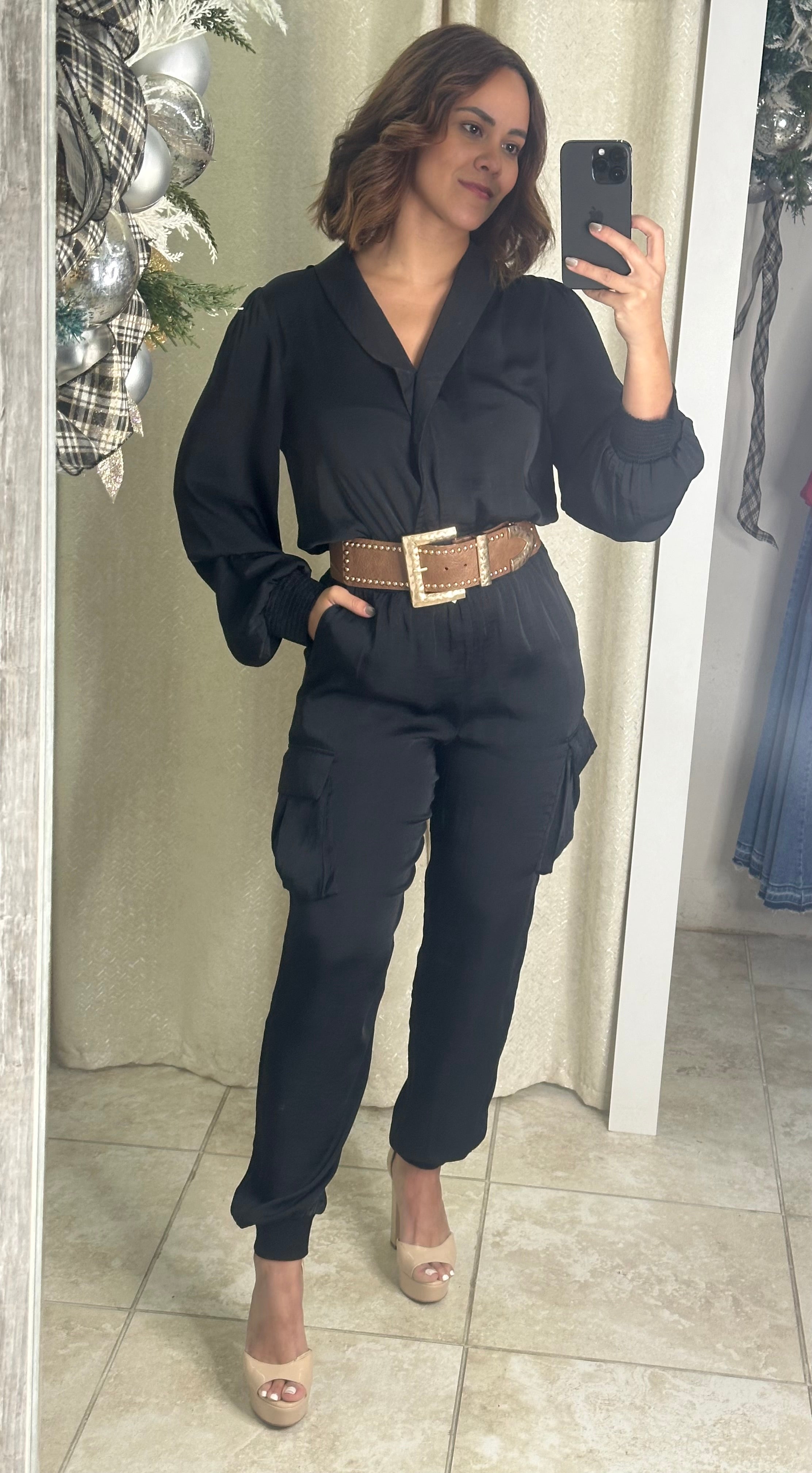 Black Long Sleeve Cargo Jumpsuit