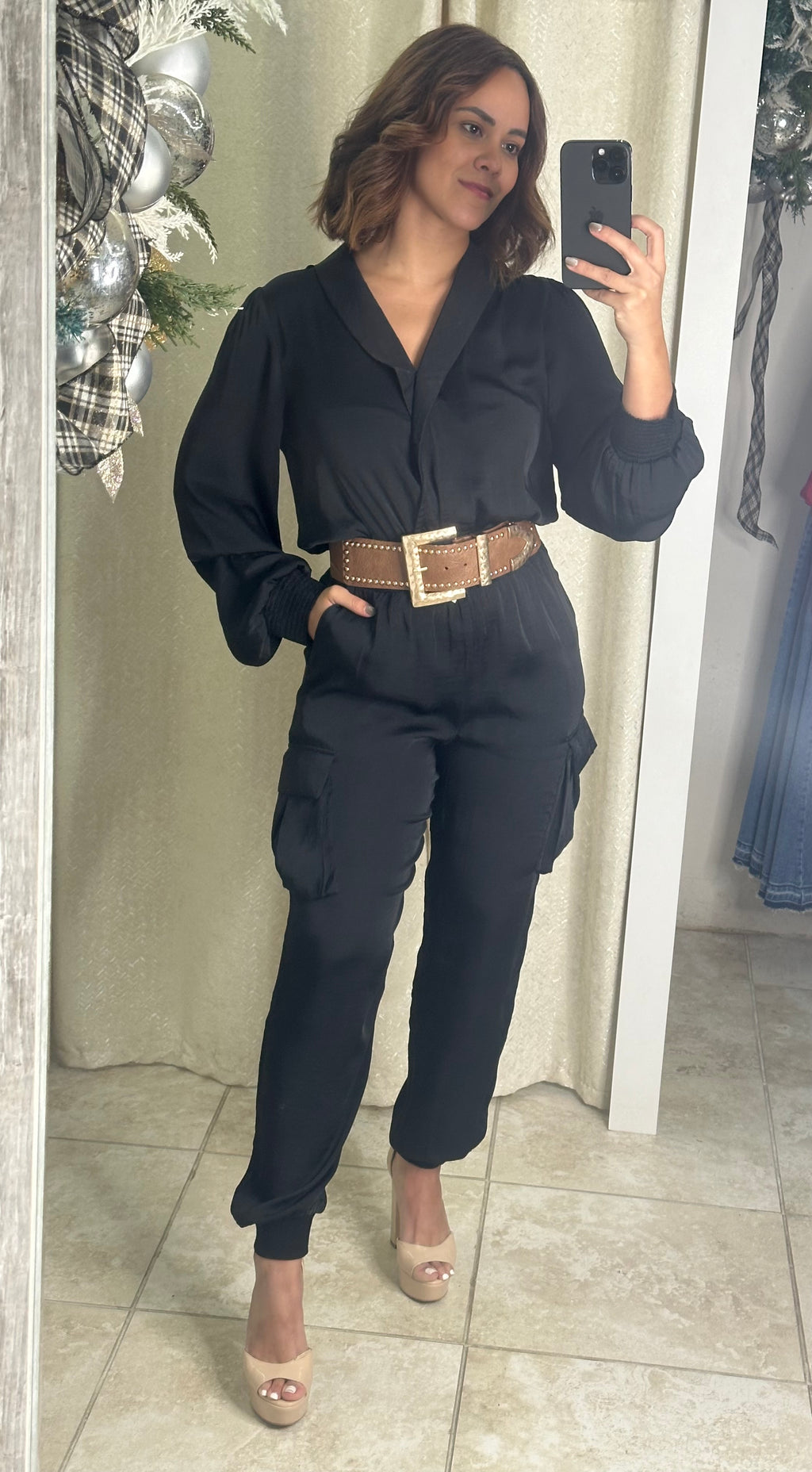 Black Long Sleeve Cargo Jumpsuit