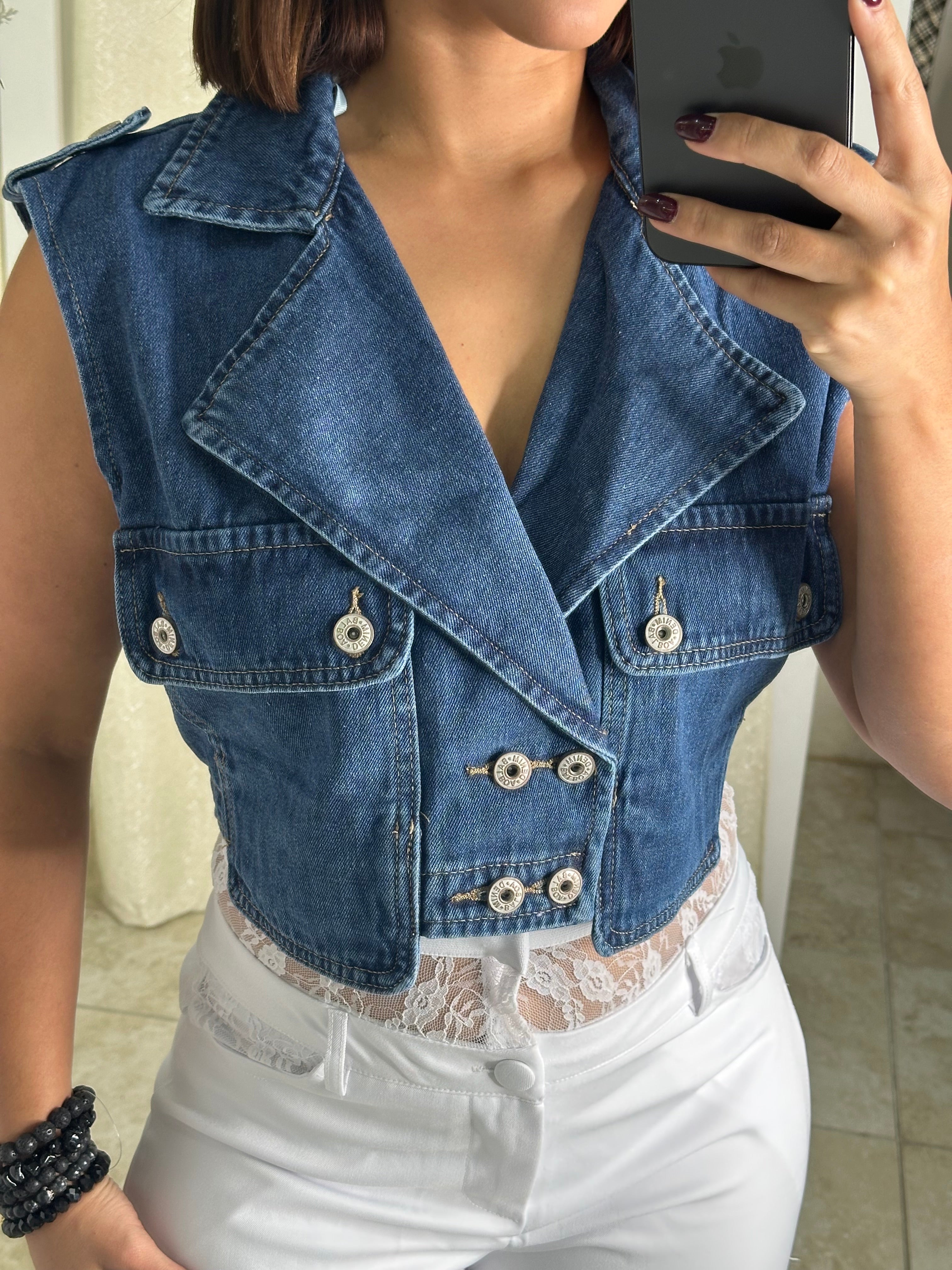 Neck Denim Vest