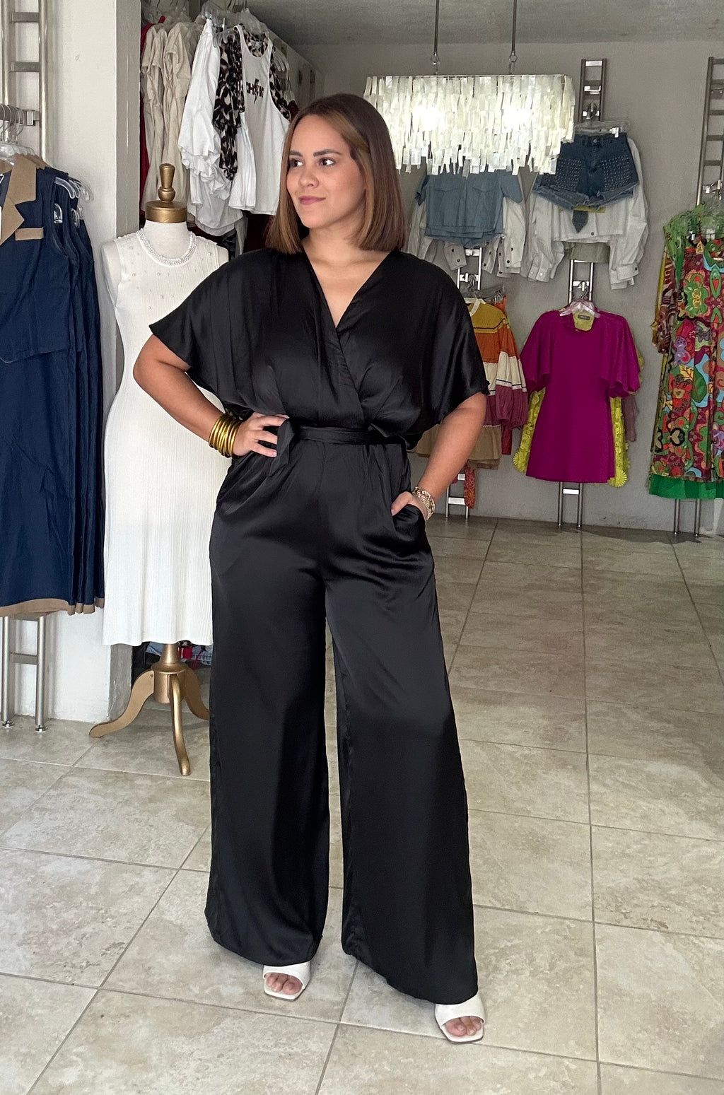 Black Waisted Satin Jumpsuit