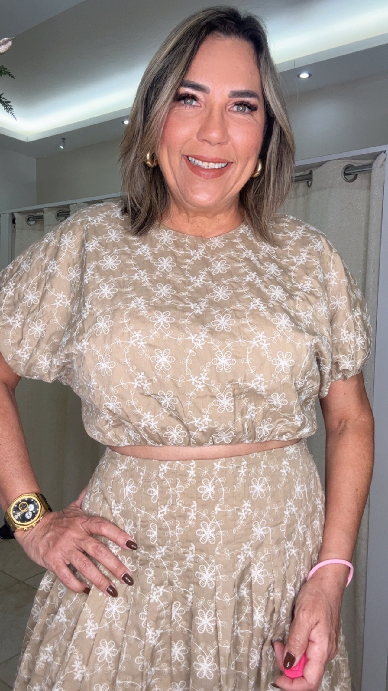 Embroidered Puff Crop Top And Midi Skirt