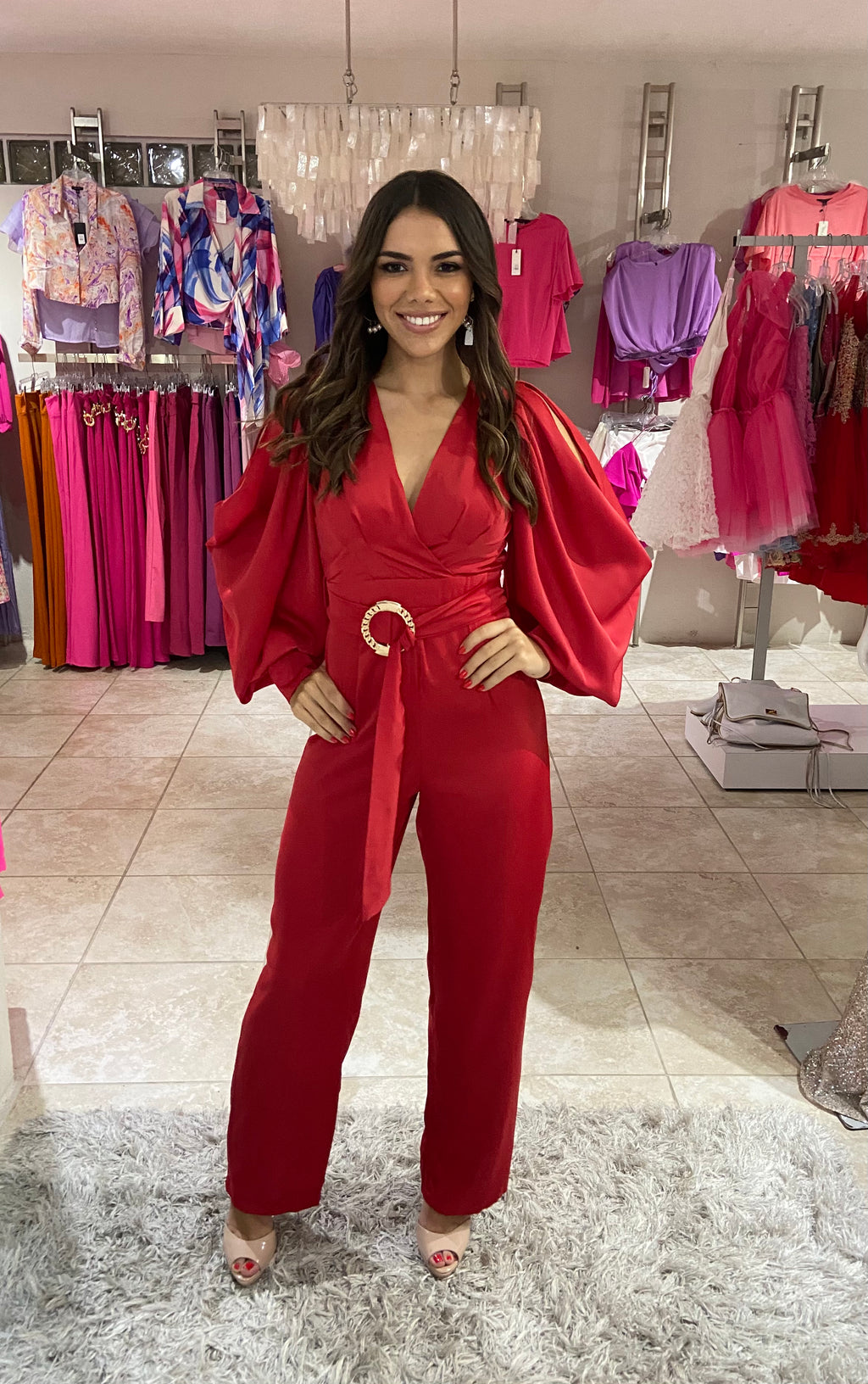 Red Long Sleeve Satin Jumpsuit